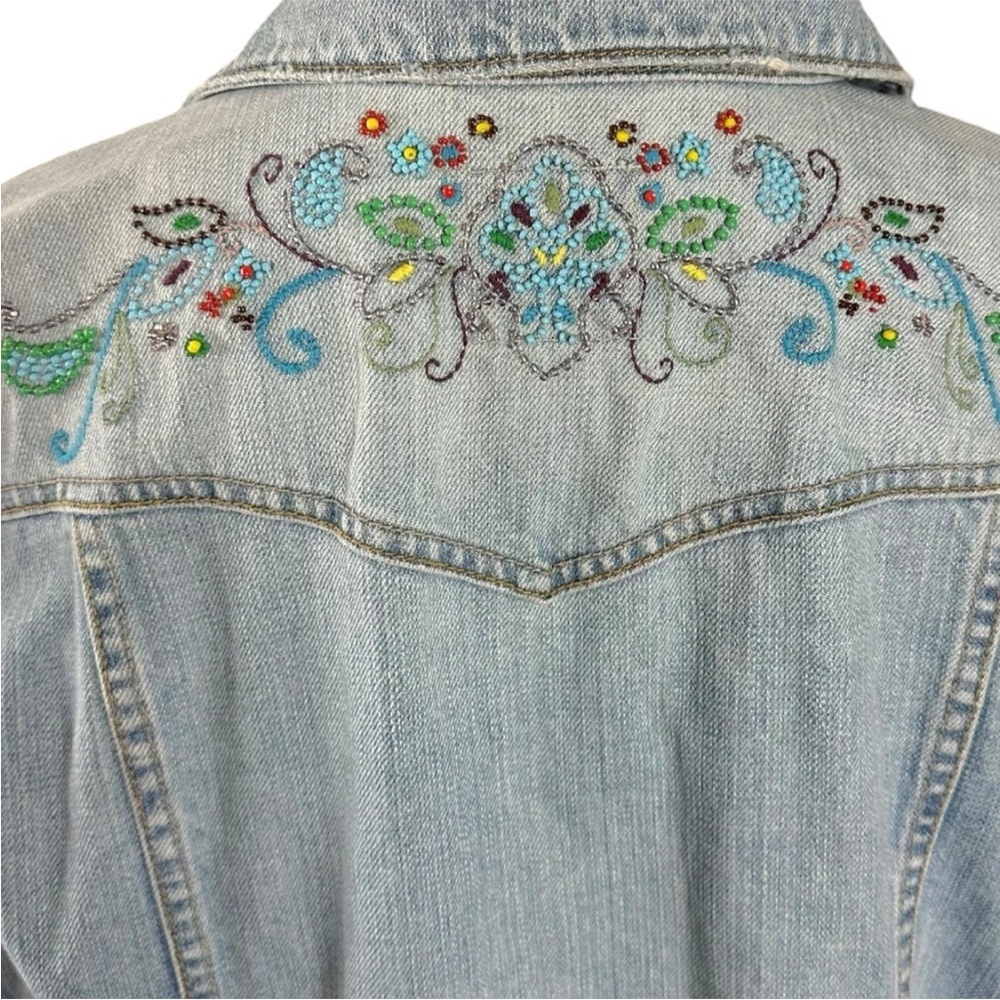 Vintage Y2K Old Navy Bohemian Beaded Denim Jean Jacket Women’s XXL Light Wash - Picture 8 of 15